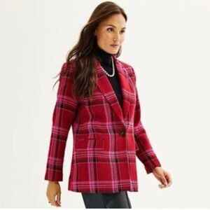 NWT Nine West Pink & Red Plaid Tweed Blazer Jacket size XS